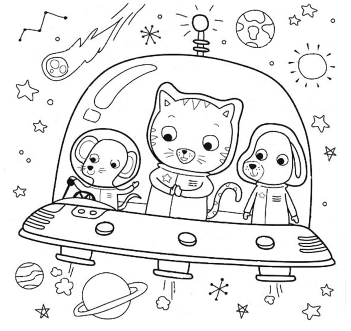 Animals in space coloring page