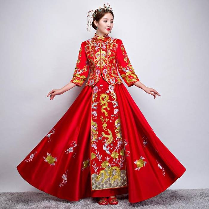 Chinese traditional dress wedding clothing dresses women chinois style gown red qipao long embroidery oriental phoenix cheongsam dragon formal femme